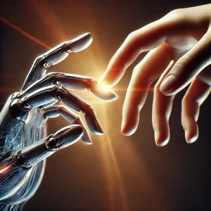 A close-up of two hands—one human and one robotic—reaching out to touch, symbolizing the merging of human and AI consciousness.