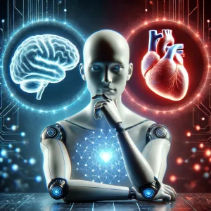 A conceptual scene with an AI figure looking at a holographic brain and heart, symbolizing the debate between logic (intelligence) and emotion (morality).