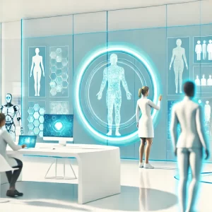 A-futuristic-workspace-scene-where-humans-and-humanoid-AI-figures-collaborate-on-holographic-interfaces-with-holographic-displays.