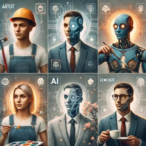 A-collage-image-showing-various-professions-such-as-an-artist-mechanic-lawyer-and-teacher-with-subtle-AI-enhancements-visible-around-each-professional.