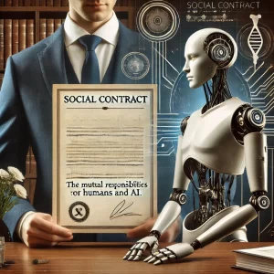 A scene with a human holding a “social contract” document with an AI figure standing beside them, symbolizing the mutual responsibilities of humans and AI.