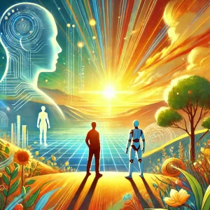 A hopeful scene of humans and AI figures standing side by side, looking toward a bright, expansive future landscape filled with both natural and digital elements.
