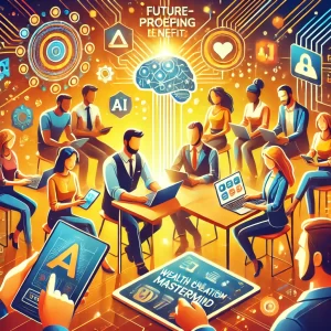 An image of a diverse group of entrepreneurs collaborating on digital devices, with AI-assisted tools displayed around them, symbolizing the future-proofing benefits of joining the Wealth Creation Mastermind community.