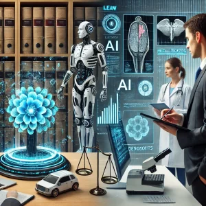 a robot next to a doctor analyzing patient scans, and a holographic AI typing a legal document.