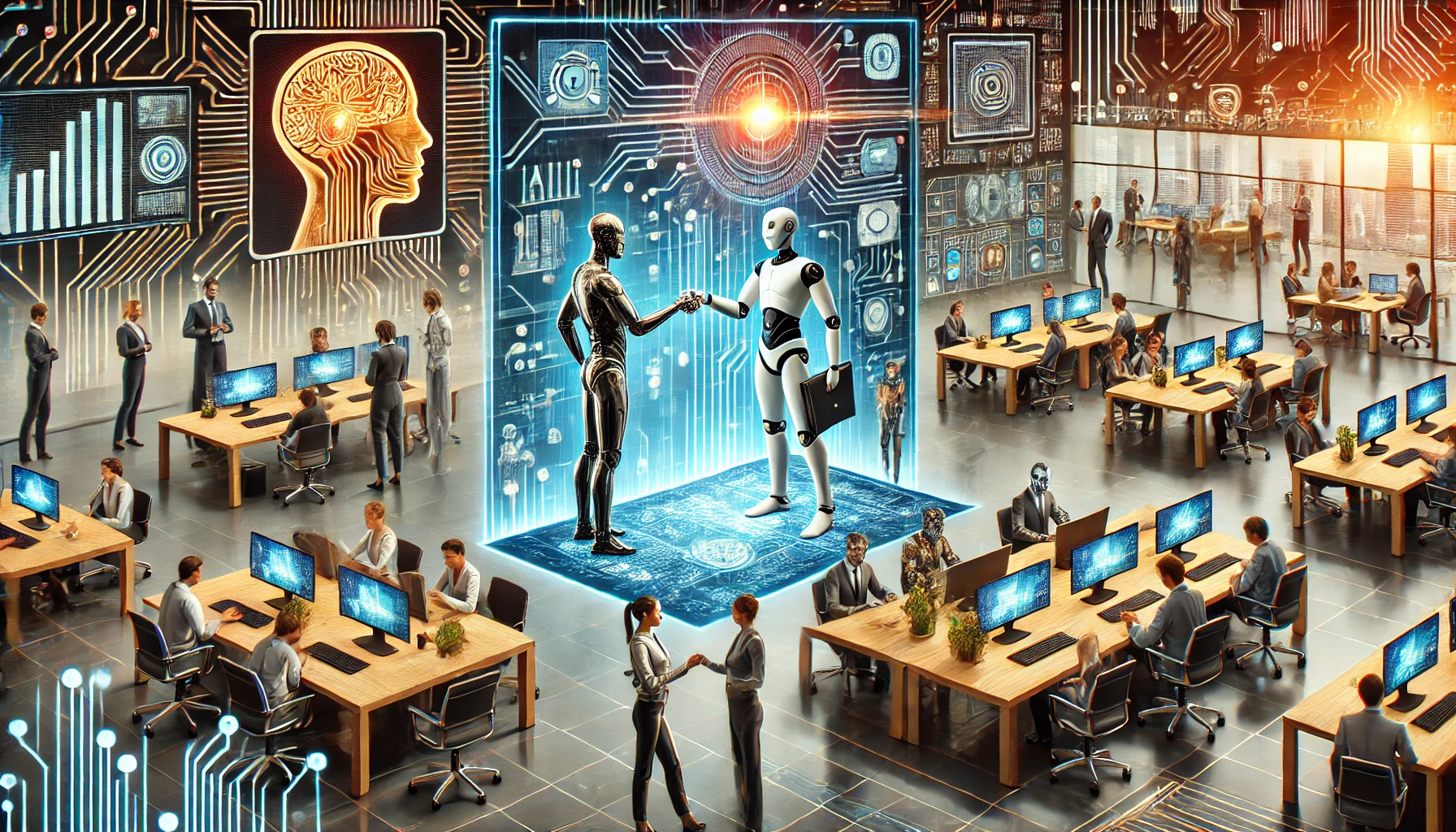 featured image representing a futuristic hybrid workplace environment where humans and robots collaborate.