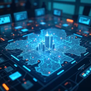 a close-up visual of an AI-driven command center, showing a holographic 3D map of a city affected by a disaster