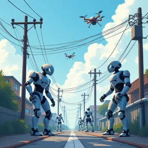 a scene with a group of autonomous robots restoring power and repairing infrastructure.