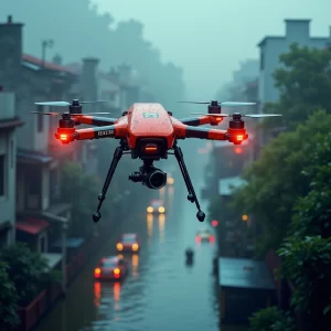 a fleet of rescue drones flying over a flooded town, using thermal imaging and LIDAR sensors to detect survivors in real-time. Add rescue bots arriving at locations to deliver first-aid kits, food, and water.