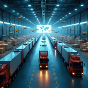 Afuturistic distribution center with rows of self-driving trucks and drone fleets taking off to deliver supplies. Include robotic arms sorting packages and an AI interface monitoring logistics on a massive screen.
