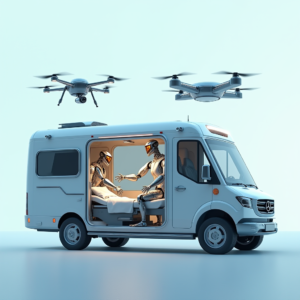 A mobile autonomous medical unit, with a futuristic van opening to reveal robotic arms providing medical care to a patient. Include telemedicine drones hovering above, connecting the unit to a central healthcare hub.
