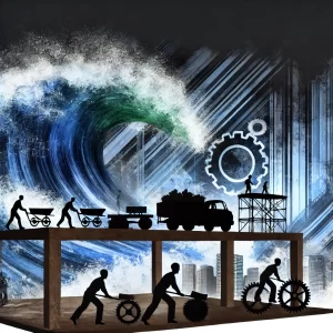 An intense, dynamic scene of a large wave crashing towards a city. In the foreground, figures are taking action—building bridges, adjusting gears, or securing structures