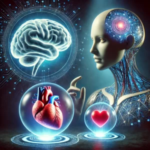 An abstract scene of a humanoid AI figure looking at a holographic human brain and heart, floating in front of it, symbolizing the ethical complexities of consciousness and sentience.
