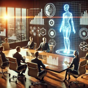 A corporate boardroom scene where human leaders and AI holograms are reviewing charts and data, symbolizing AI-supported decision-making.