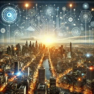  A sprawling futuristic cityscape with interconnected skyscrapers, digital data streams, and various technology symbols, representing the vast potential and future scope of AI.