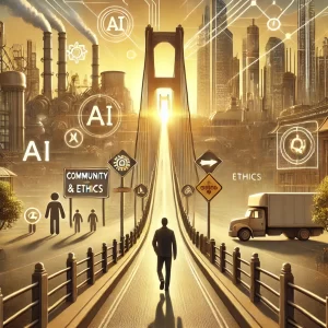 A scene showing a bridge between traditional industry and futuristic AI-powered cities, with humans walking confidently toward the future.