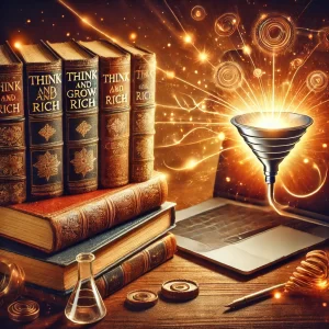 An image that merges classic New Thought imagery with modern digital marketing elements. Include old, leather-bound books (symbolizing Think and Grow Rich and The Science of Getting Rich) alongside a laptop with a funnel graphic on the screen.