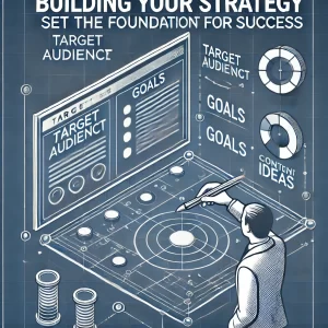 A digital blueprint or architectural plan with elements like a target audience, goals, and content ideas labeled on it.