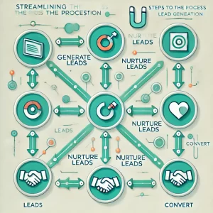 A flowchart image showing a simplified lead generation process, with arrows connecting stages like “Generate Leads,” “Nurture Leads,” and “Convert.” 