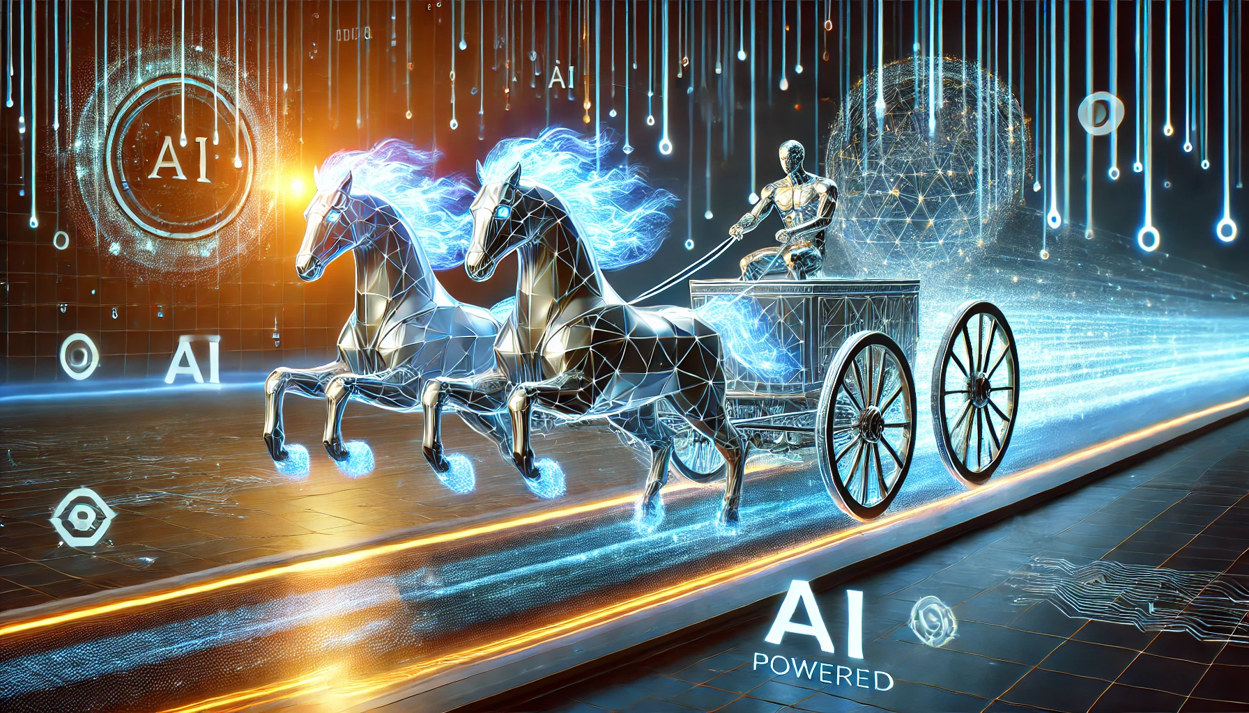 A dynamic, futuristic chariot powered by glowing AI-powered "horses" (represented as light beams or energy constructs) racing forward, leaving behind a trail of binary code and data streams.