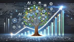 A visualization of technological growth, such as a tree made of circuits growing exponentially upward, or a graph showing a steep upward curve integrated with digital elements like binary code, icons for AI, automation, and blockchain. 