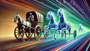 A stalled chariot contrasted with a fully equipped, AI-powered chariot surging forward. Include a visual representation of "horses" as glowing, energetic beams pulling the chariot. 