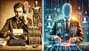 A split-screen visual comparing traditional network marketing (e.g., someone making cold calls or flipping through a Rolodex) to modern, AI-driven marketing (a professional using a futuristic dashboard or AI assistant). 