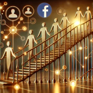 Railings made of interconnected hands or glowing nodes, symbolizing mentorship and teamwork. Incorporate a Facebook Group interface overlay. 