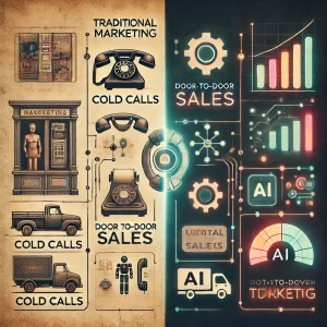 A split-screen visual showing traditional marketing on one side (cold calls, door-to-door sales) and modern, AI-driven marketing on the other (digital dashboards, automated systems, and glowing data streams). 