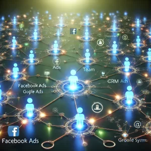 A futuristic network map with glowing nodes representing prospects, team members, and customers, all interconnected by AI-powered tools like Facebook Ads, Google Ads, and CRM systems. 