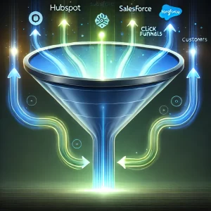 A flowing funnel graphic showing prospects entering as data points and exiting as glowing, satisfied team members or customers. Highlight tools like HubSpot, Salesforce, and ClickFunnels within the design. 