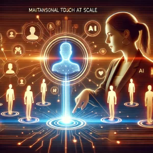 A depiction of a marketer using an AI-powered interface to manage a team while holographic connections flow out to recruits, symbolizing personal touch at scale. 