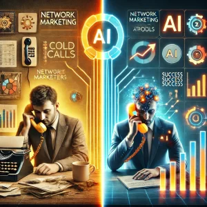 A side-by-side comparison: One side shows a traditional network marketer struggling with cold calls; the other shows a successful marketer using AI tools to scale their business. Include glowing success metrics like team size and growth rates. 