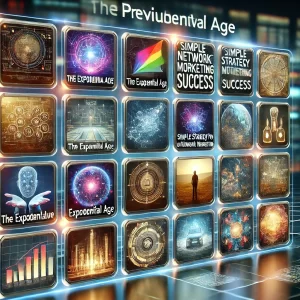 A visual of a digital library or screen showing thumbnails of previous blogs in the series, like “The Exponential Age” and “Simple Strategy for Network Marketing Success,” with clickable icons for each. 