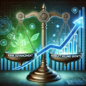 A set of glowing digital scales where one side represents “rank advancement” and the other “product volume growth,” with an upward trajectory graph overlay.