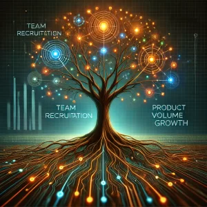 A digital visualization of a deep, interconnected tree where the roots represent team recruitment and the branches represent product volume growth.