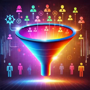 A funnel graphic with glowing icons of diverse customers entering the top and satisfied customers/team members exiting the bottom.