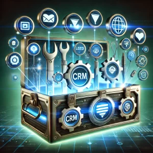 A digital toolbox glowing with tools like CRM, lead funnels, and social media icons.