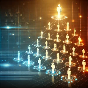 A glowing pyramid of interconnected people, symbolizing mentorship and duplication.