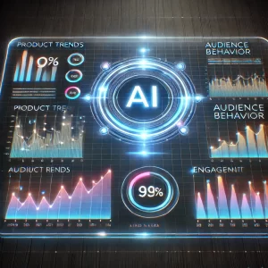 A glowing AI dashboard displaying charts and metrics that show product trends, audience behavior, and engagement rates.