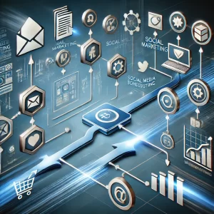 A digital flowchart with arrows connecting tools like email marketing, social media scheduling, and e-commerce platforms