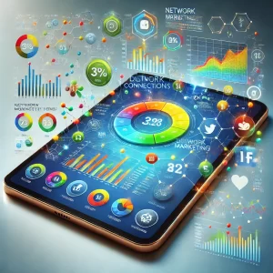 A-realistic-rendering-of-a-digital-device-such-as-a-tablet-or-smartphone-displaying-vibrant-screens-with-analytics-dashboards-graphs-and-social-media icons.