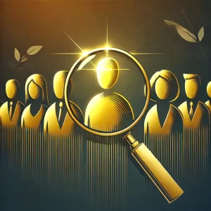 A-high-contrast-illustration-featuring-a-group-of-figures-with-a-magnifying-glass-highlighting-one-standout-individual.