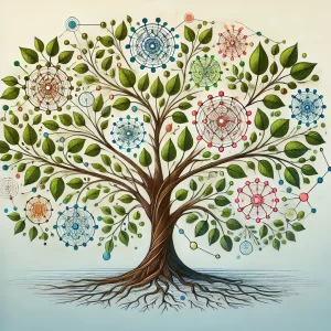 An-organic-detailed-illustration-of-a-growing-tree-with-interconnected-branches.