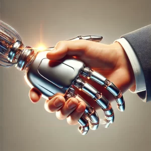 -A-photorealistic-image-depicting-a-handshake-between-a-robotic-hand-and-a-human-hand-symbolizing-the-partnership-between-AI-and-human-effort.