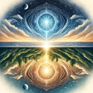 A-dreamlike-and-mirrored-illustration-depicting-two-identical-landscapes-one-above-and-one-below.