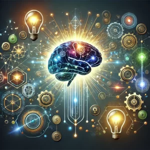 A-futuristic-and-dynamic-illustration-featuring-a-glowing-brain-surrounded-by-floating-symbols-of-ideas-and-abundance-including-gears-lightbulbs.