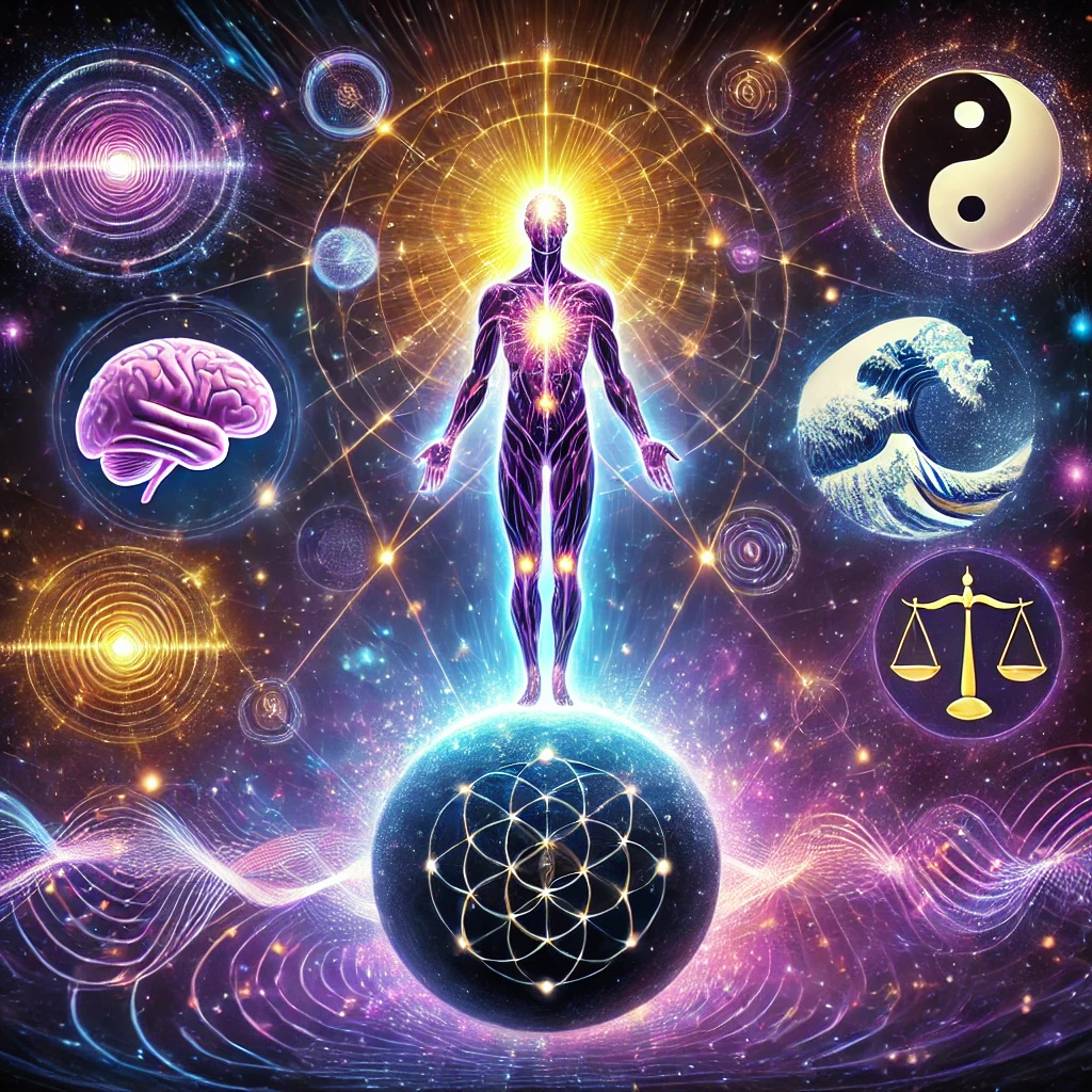 A-cosmic-illustration-of-a-radiant-human-figure-standing-on-a-globe-connected-by-glowing-lines-to-universal-symbols-representing-the-laws-of-creation.