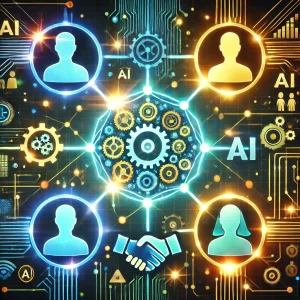 A-high-tech-and-collaborative-illustration-of-a-digital-network-with-glowing-nodes-connected-to-human-silhouettes-symbolizing-a-thriving-AI-powered-team.