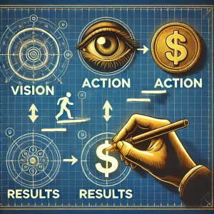 A blueprint-style illustration of a step-by-step plan, with icons for vision (eye), action (footsteps), and results (dollar sign).