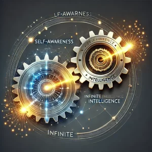 The Synergy of Self-Awareness and Infinite Intelligence
Concept: Two interconnected glowing gears, one labeled “Self-Awareness” and the other “Infinite Intelligence,” with sparks representing synergy and momentum. 